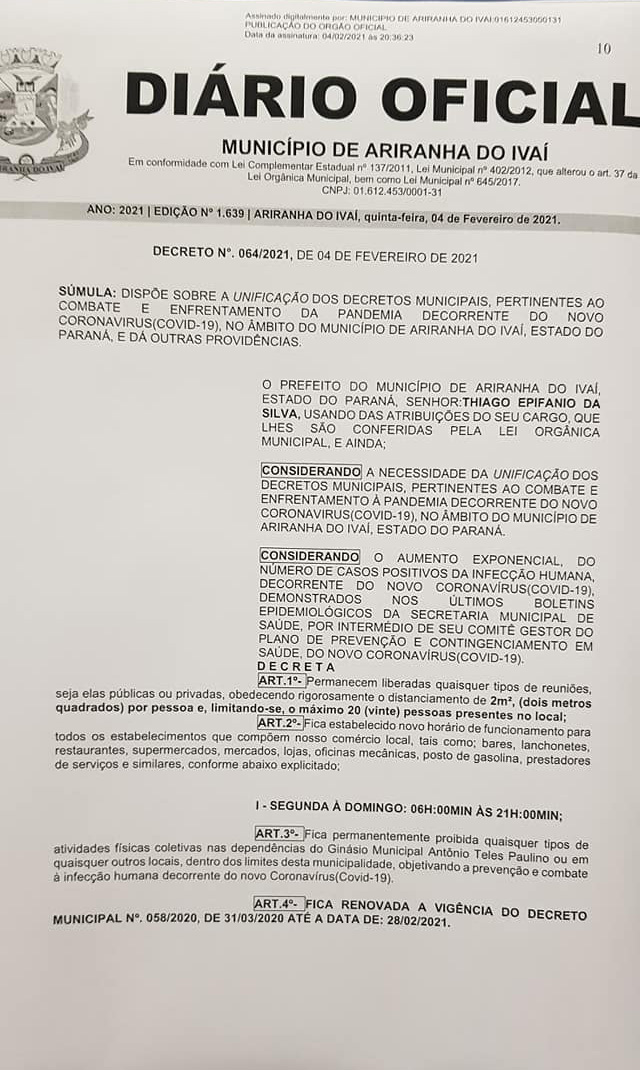 Decreto n°064/2021 com vigência até à data de 28/02/2021